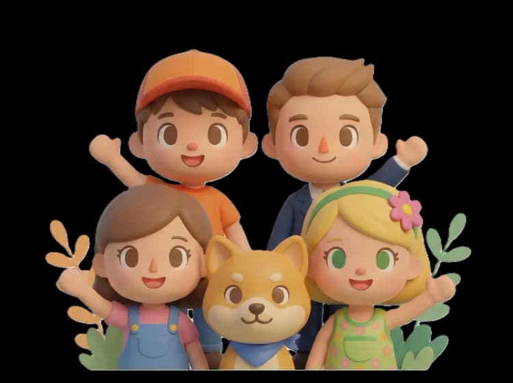 Family illustration — parents, children, and a pet standing together