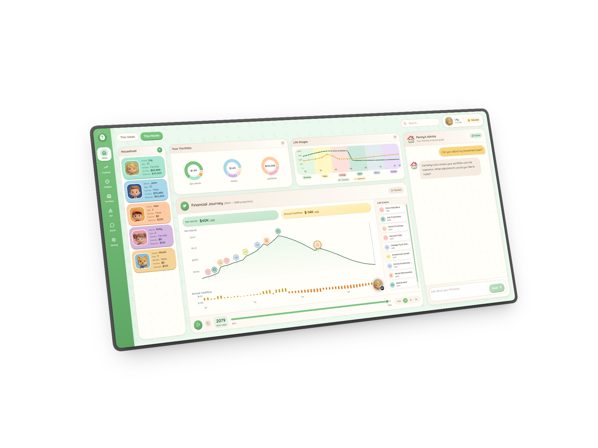 Panze app interface showing family financial timeline